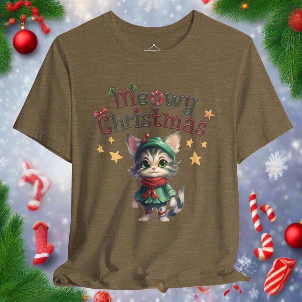 Meowy Christmas t-shirt in heather olive featuring a cute cat wearing a green dress, red scarf and green hat