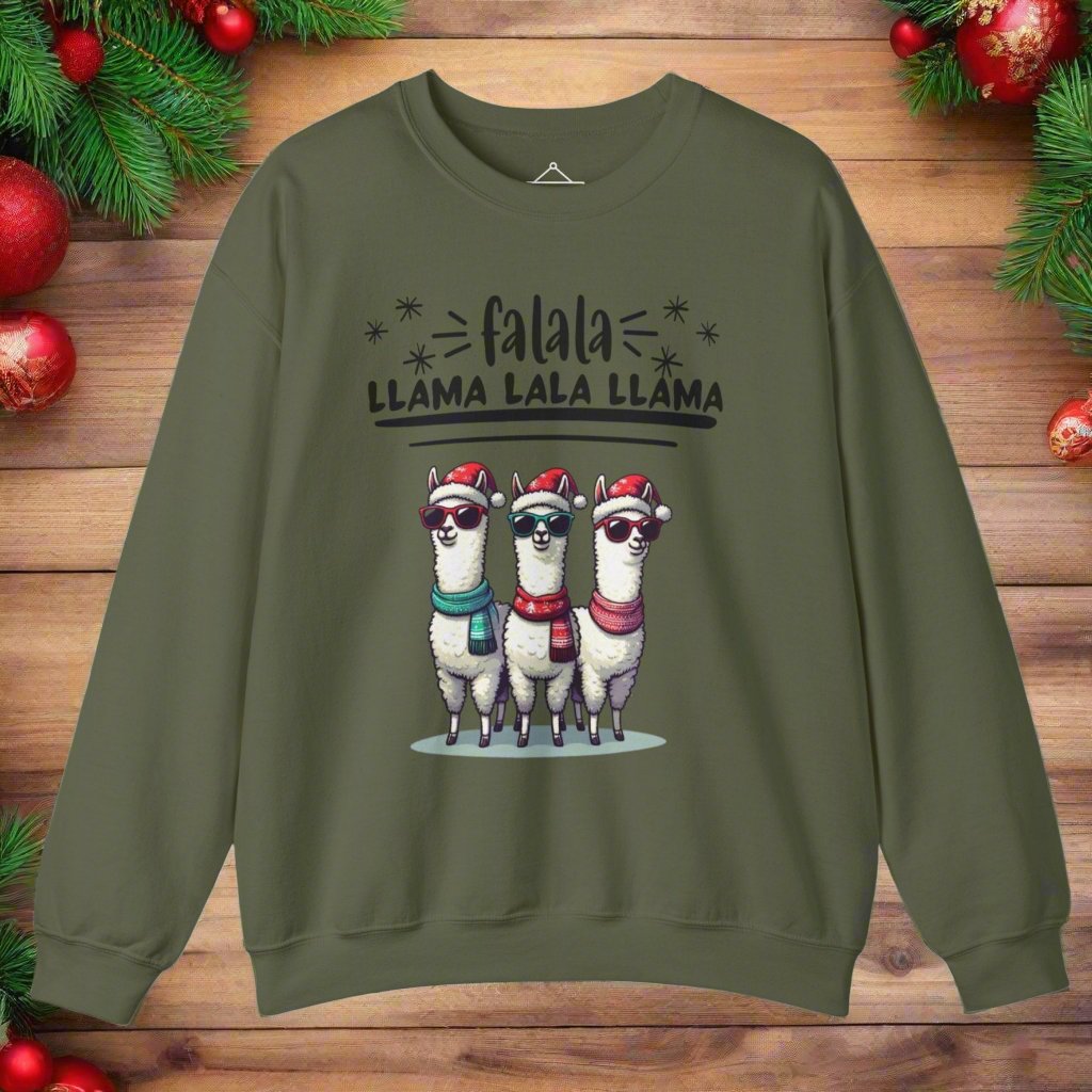 the Falala Llama Christmas Sweatshirt in military green featuring three llamas with scarfs, sunglasses, and winter hats