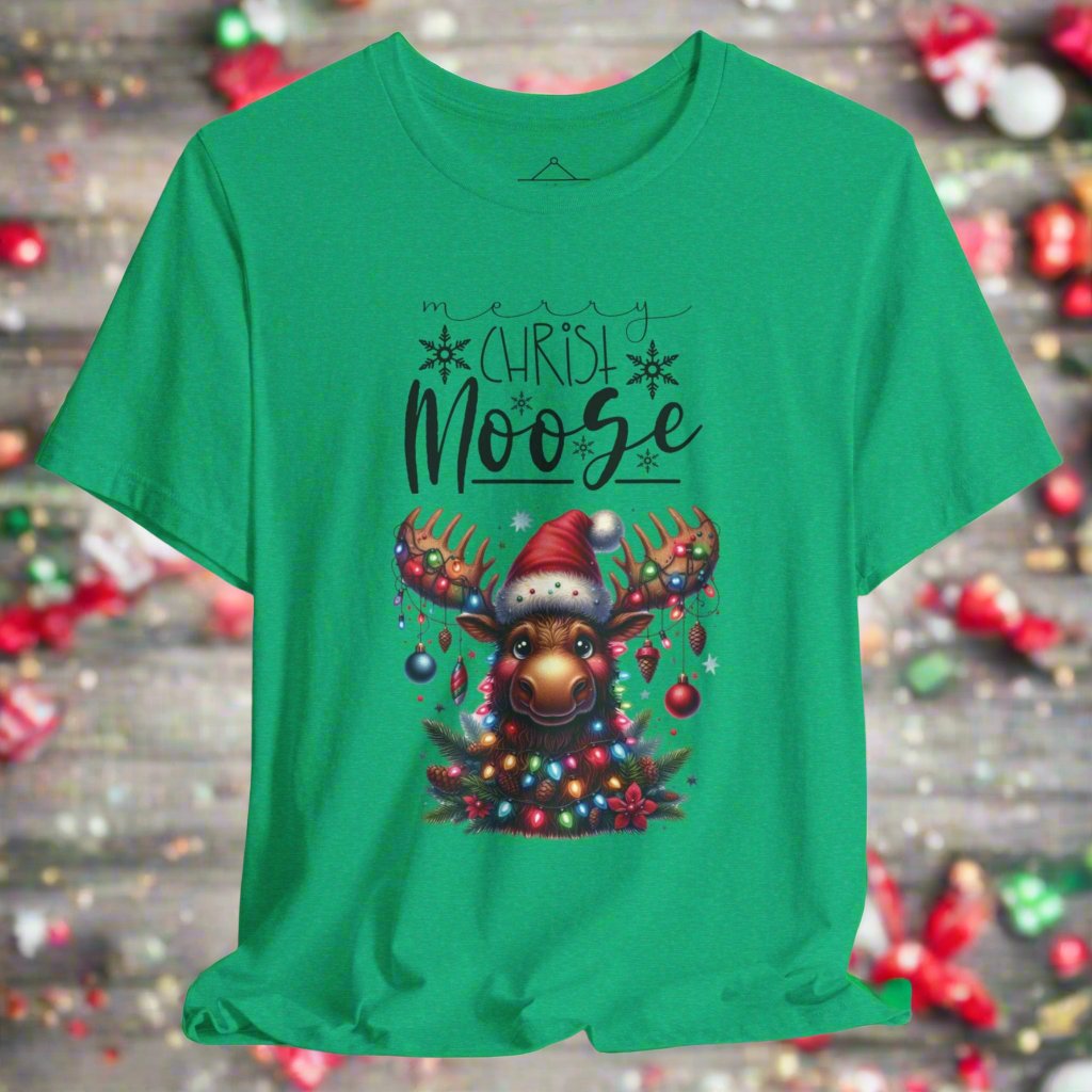 The Merry Christ-Moose Tshirt in heather kelly featuring a moose decorated with ornaments and lights