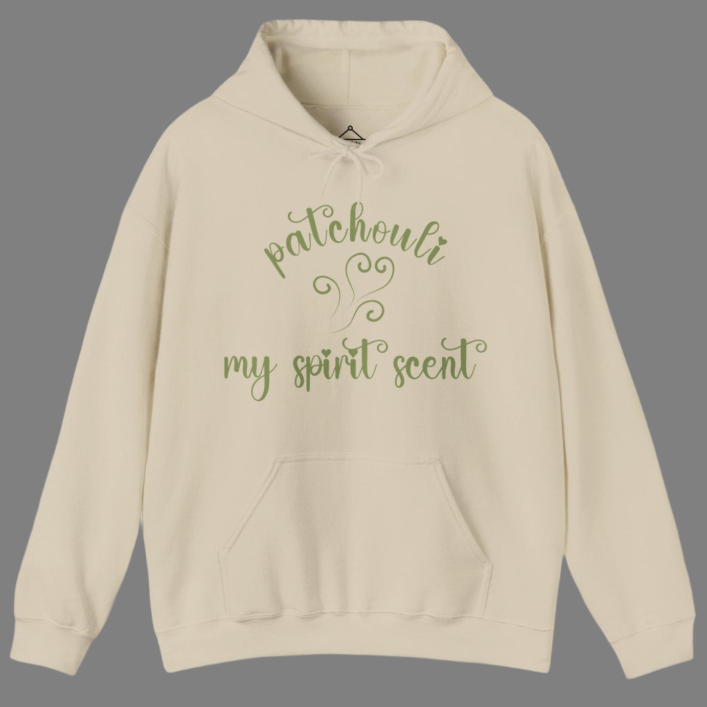 The My Spirit Scent is Patchouli hoodie in sand featuring script font and an aroma script heart in a mossy green hue