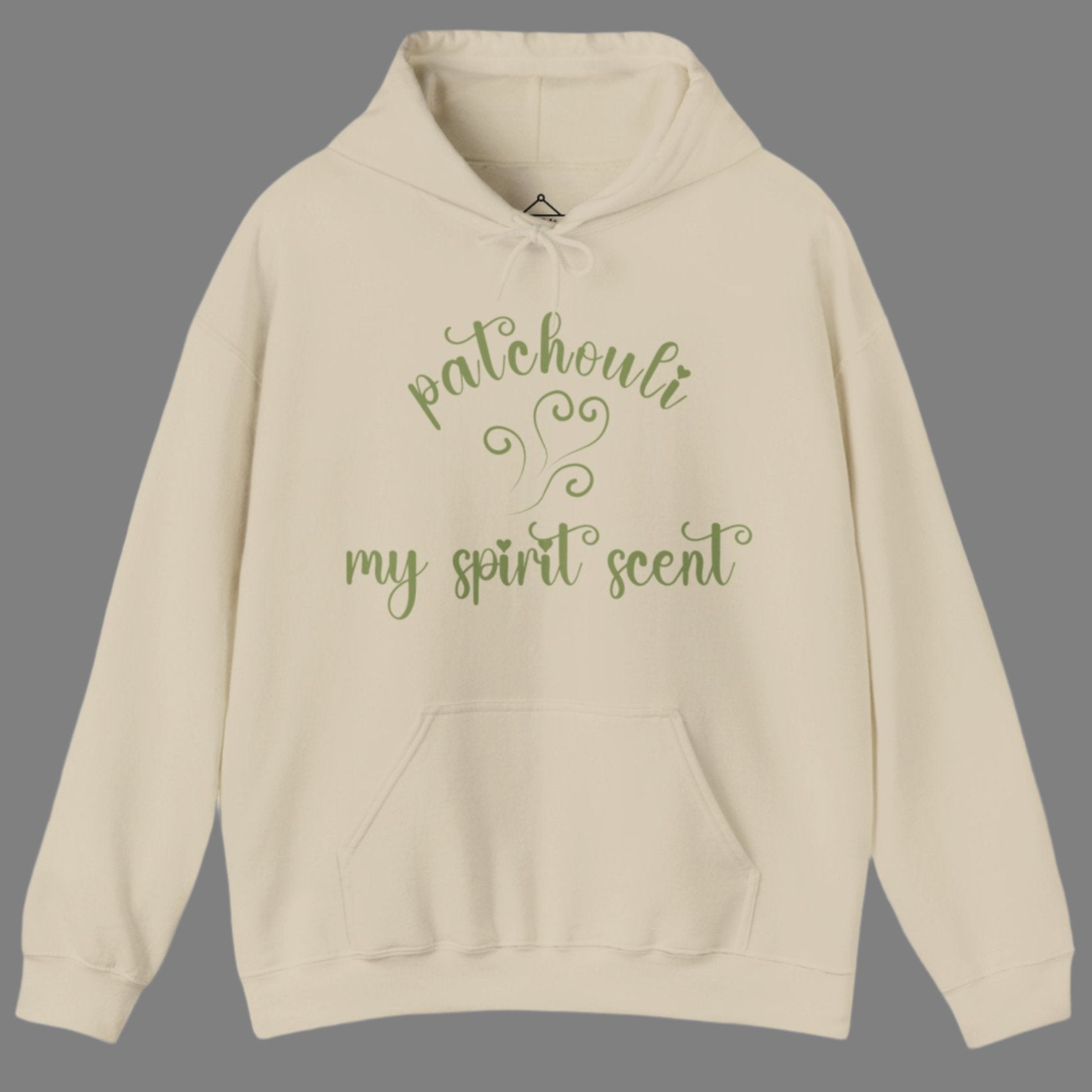 The My Spirit Scent is Patchouli hoodie in sand featuring script font and an aroma script heart in a mossy green hue