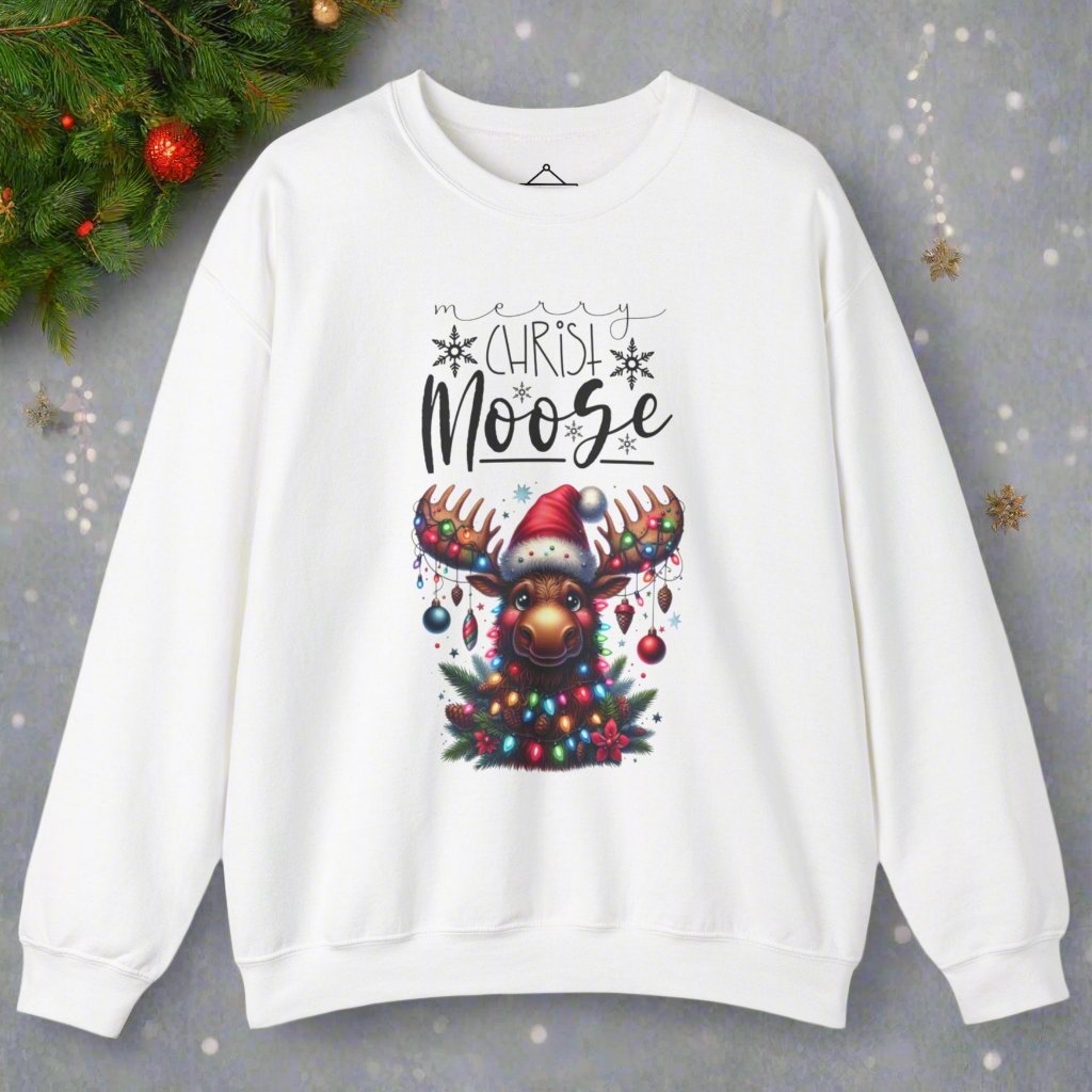 Merry Christ-Moose Christmas Sweatshirt in white featuring a moose decorated with christmas ornaments and lights 