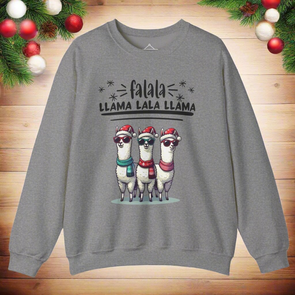 The Falala Llama Christmas Sweatshirt in graphite heather featuring three llamas with scarfs, sunglasses, and winter hats