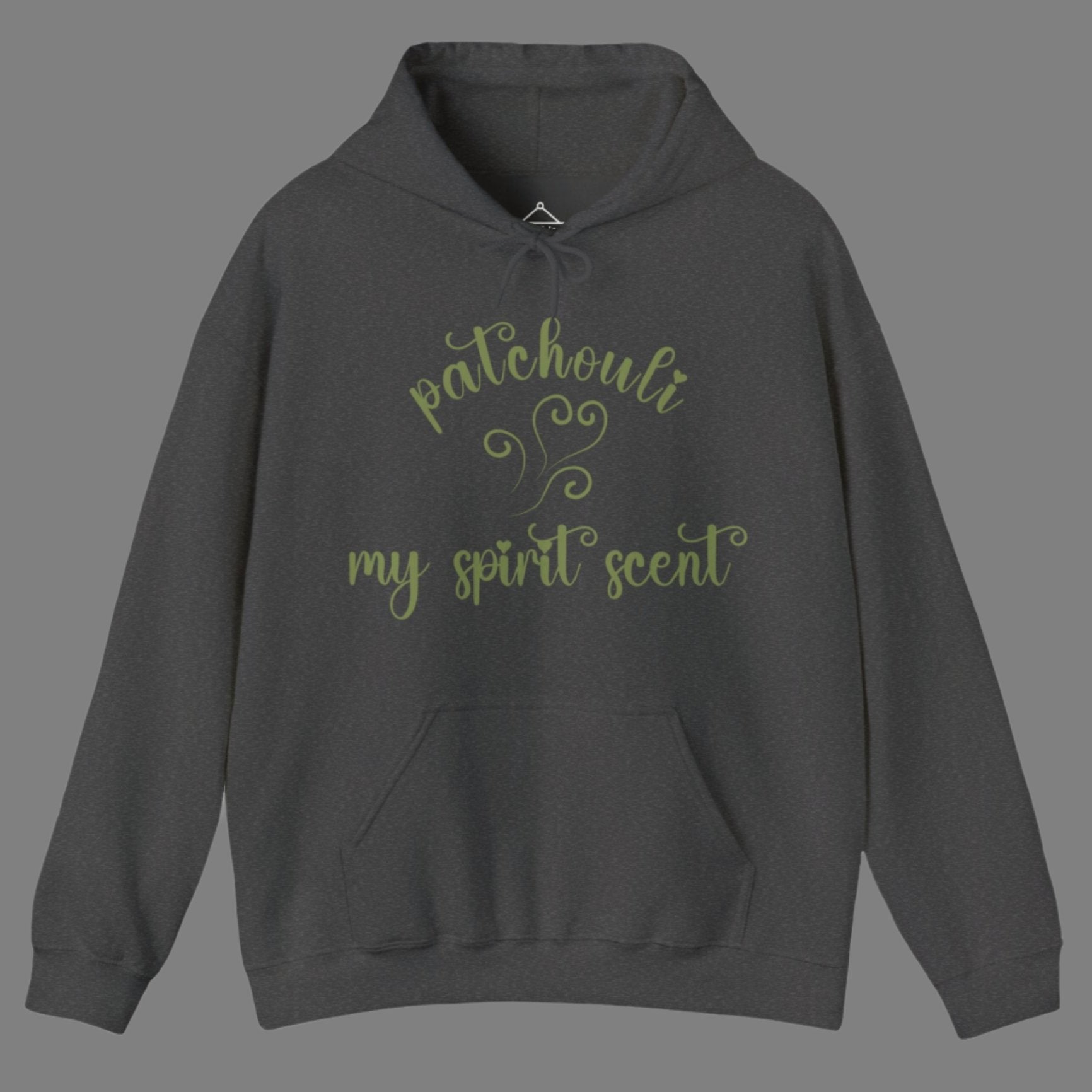 The My Spirit Scent is Patchouli hoodie in dark heather featuring script font and an aroma script heart in a mossy green hue