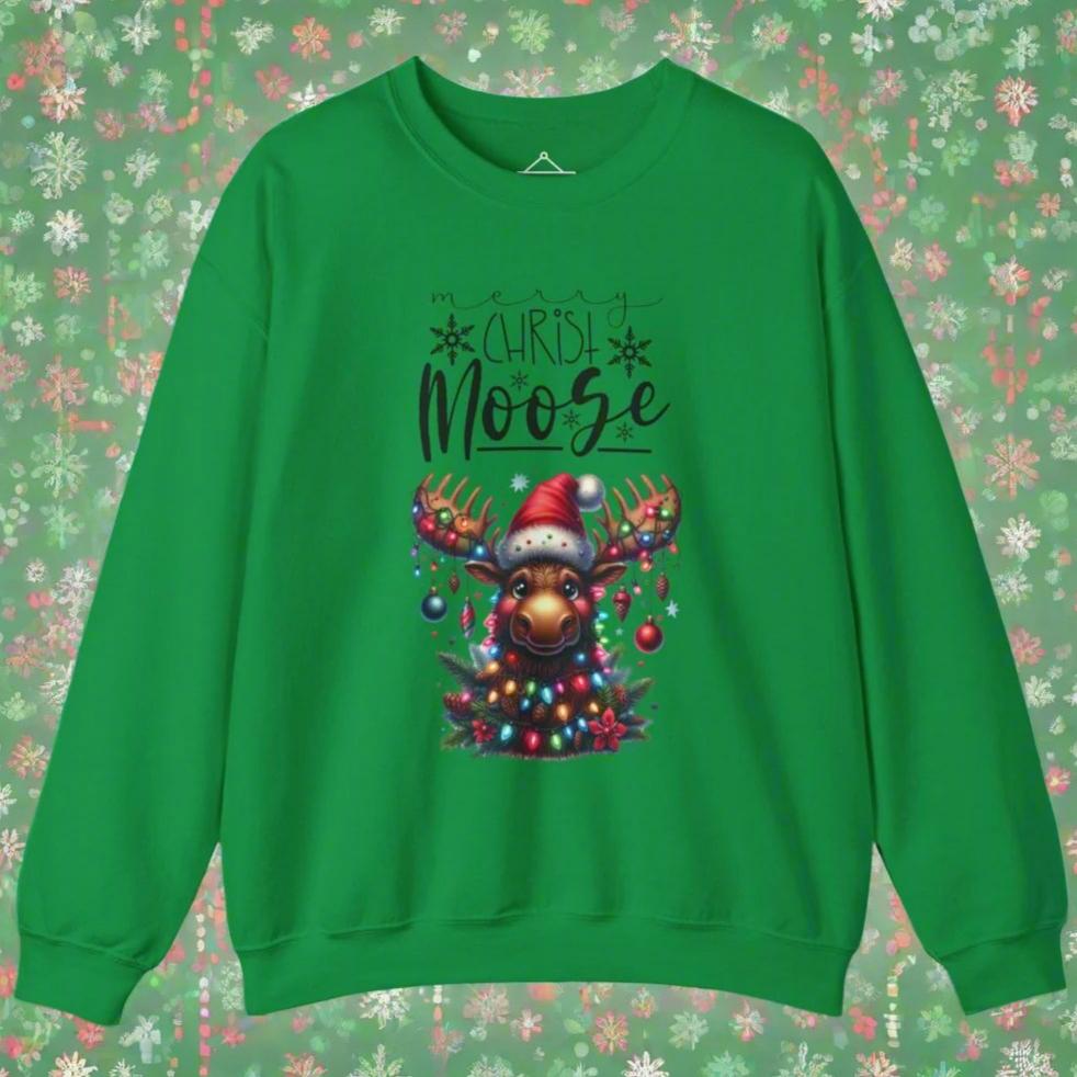  Merry Christ-Moose Christmas Sweatshirt in irish green featuring a moose decorated with christmas ornaments and lights 