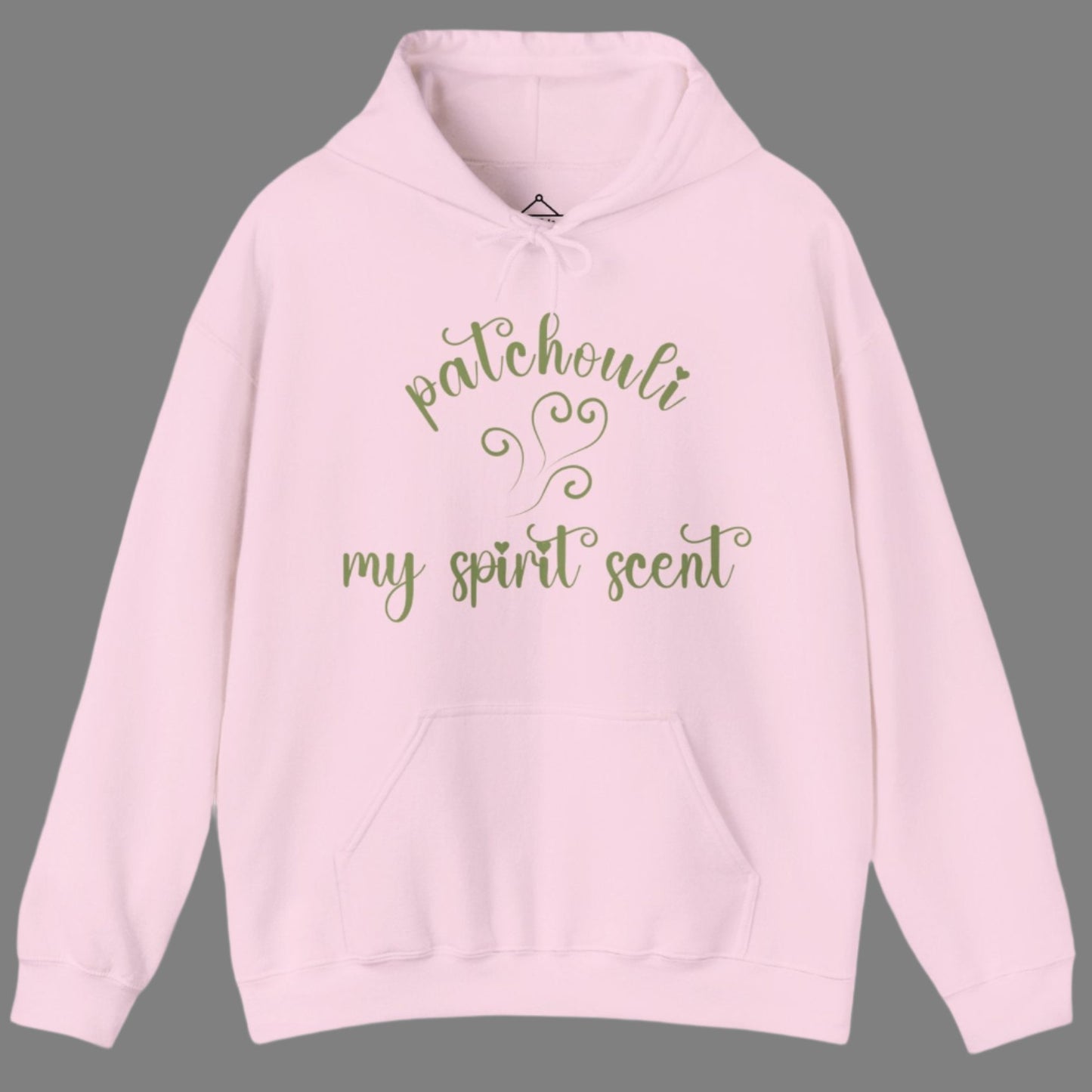 The My Spirit Scent is Patchouli hoodie in light pink featuring script font and an aroma script heart in a mossy green hue