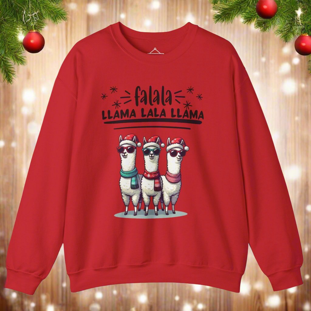 The Falala Llama Christmas Sweatshirt in red featuring three llamas with scarfs, sunglasses, and winter hats