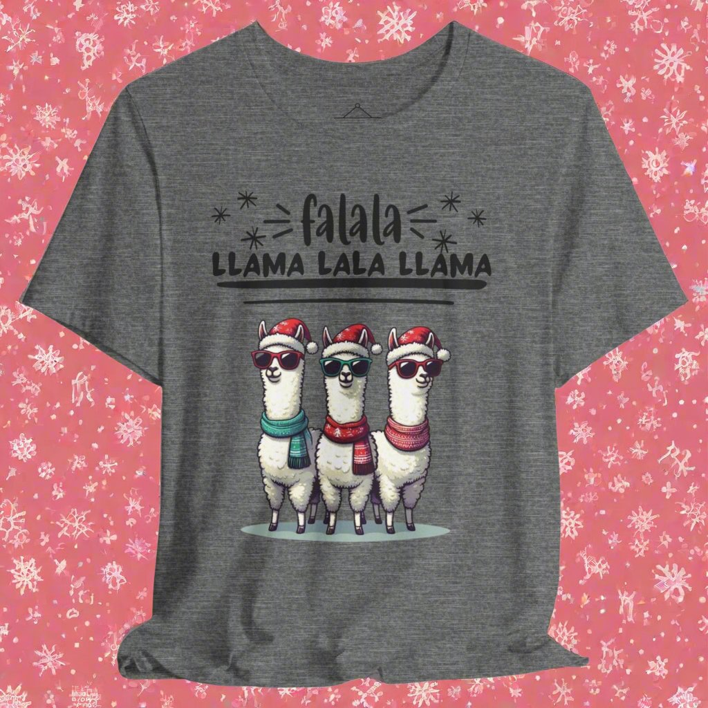 The falala llama christmas sweatshirt in deep heather featuring three llamas wearing scarfs, sunglasses, and winter hats