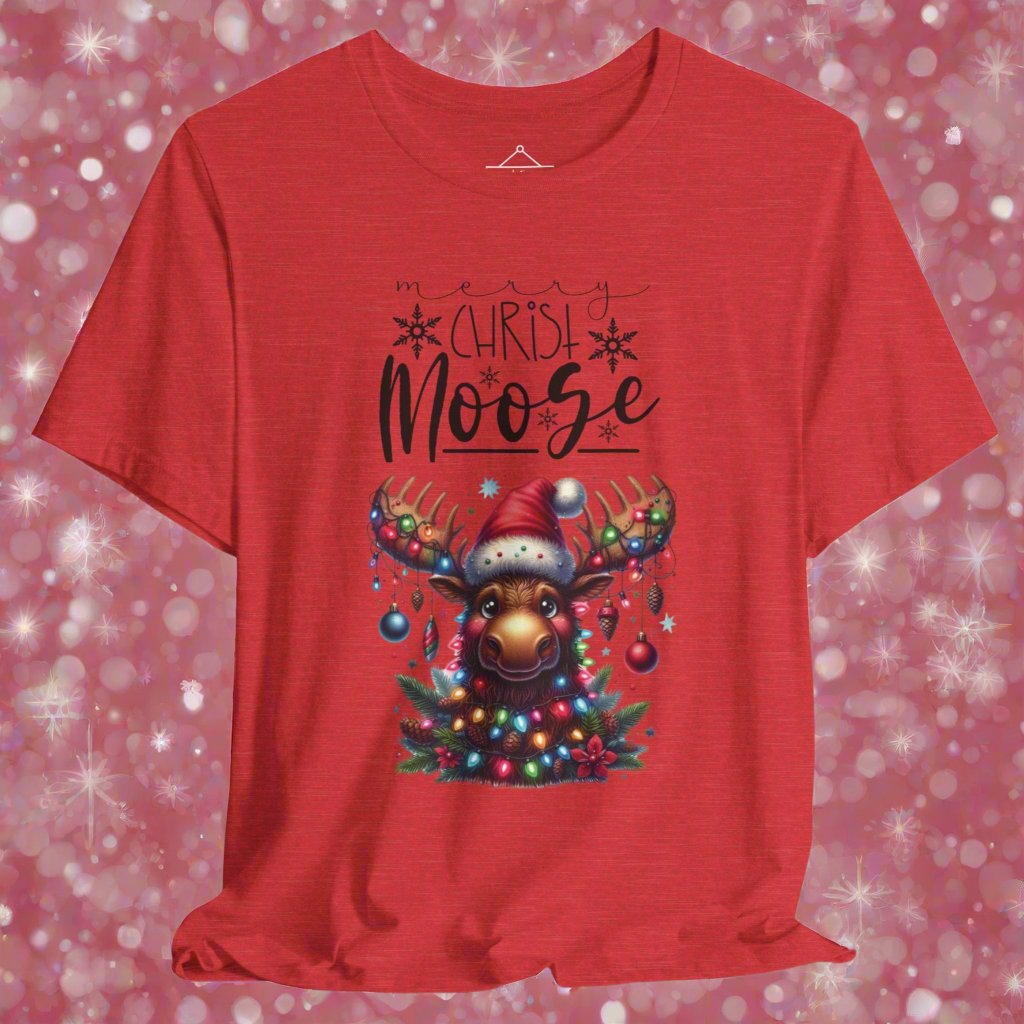 The Merry Christ-Moose Tshirt in heather red featuring a moose decorated with ornaments and lights