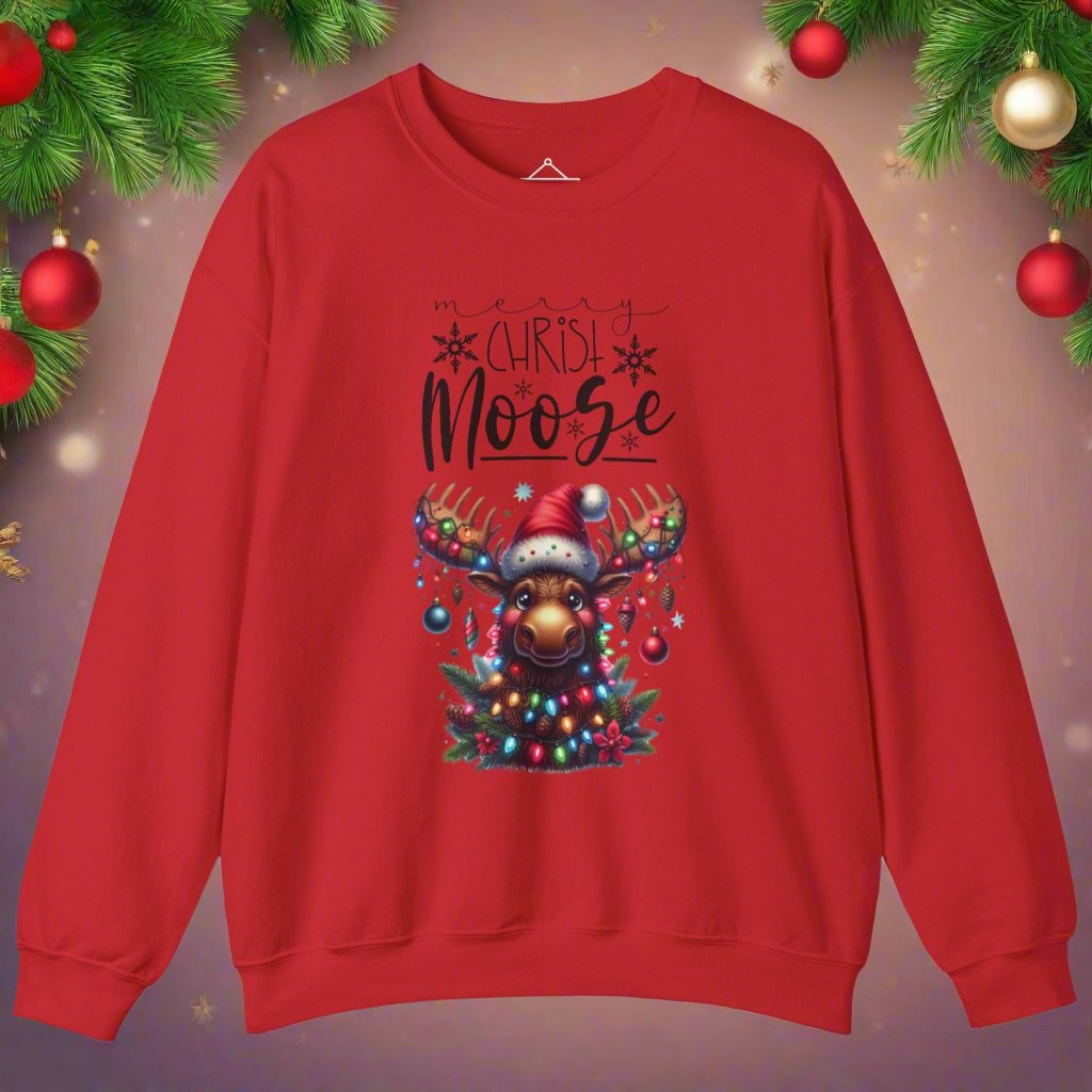 Merry Christ-Moose Christmas Sweatshirt in red featuring a moose decorated with christmas ornaments and lights 