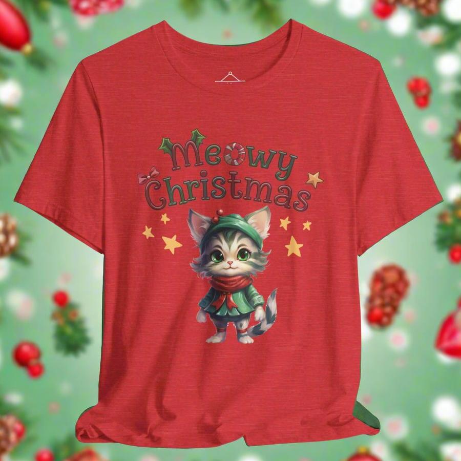 Meowy Christmas t-shirt in heather red featuring a cute cat wearing a green dress, red scarf and green hat