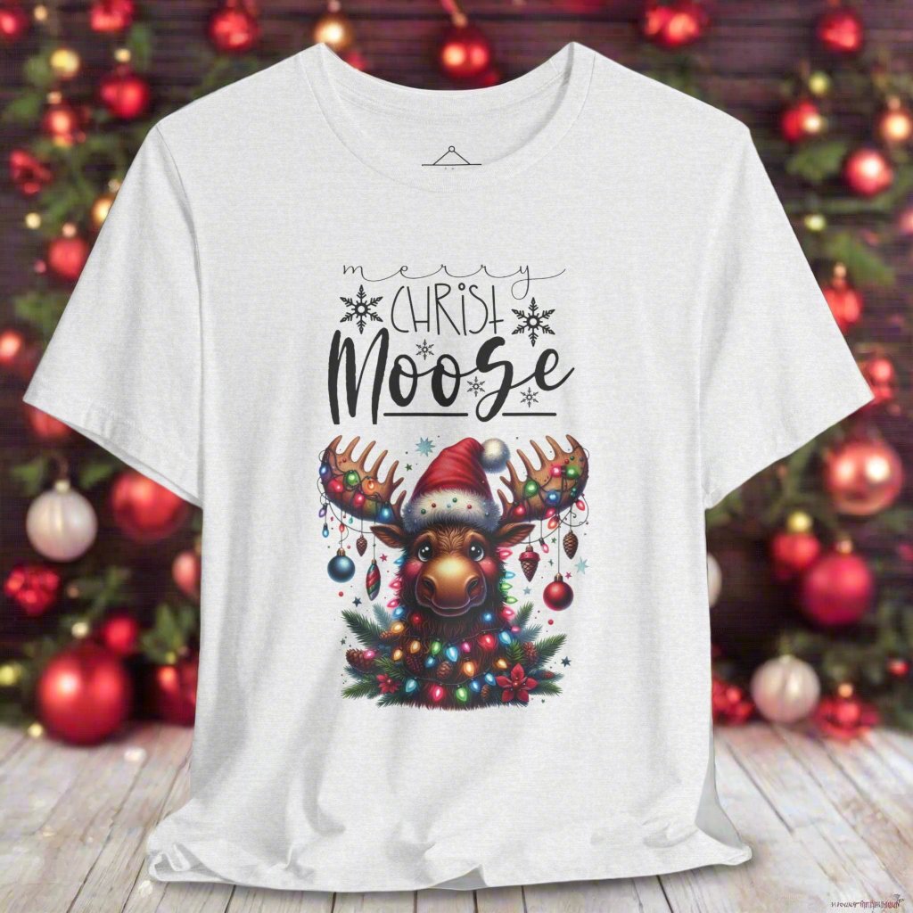 The Merry Christ-Moose Tshirt in ash featuring a moose decorated with ornaments and lights