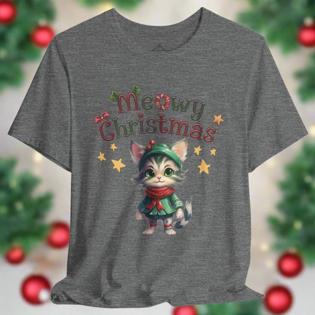 Meowy Christmas t-shirt in deep heather featuring a cute cat wearing a green dress, red scarf and green hat