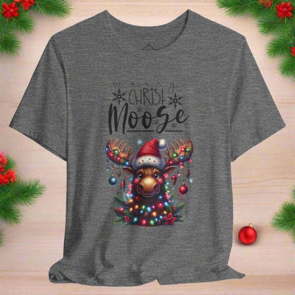 The Merry Christ-Moose Tshirt in deep heather featuring a moose decorated with ornaments and lights