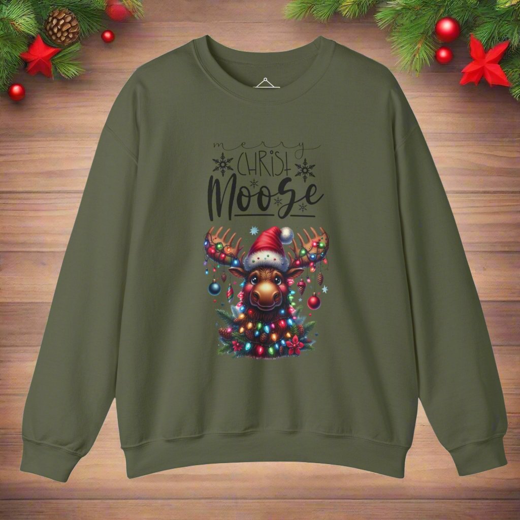 Merry Christ-Moose Christmas Sweatshirt in military green featuring a moose decorated with christmas ornaments and lights 