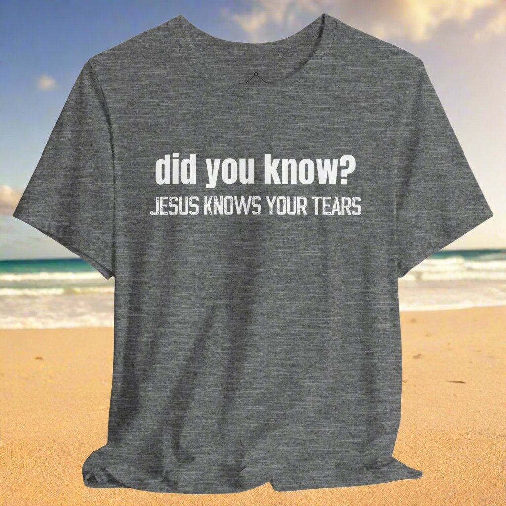 The did you know? Jesus knows your tears t-shirt in deep heather featuring white print font