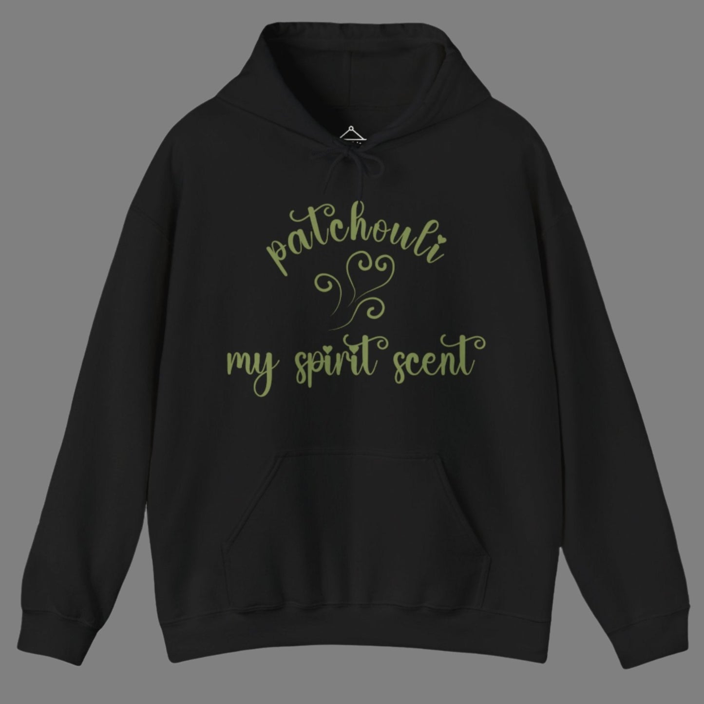 The My Spirit Scent is Patchouli hoodie in black featuring script font and an aroma script heart in a mossy green hue