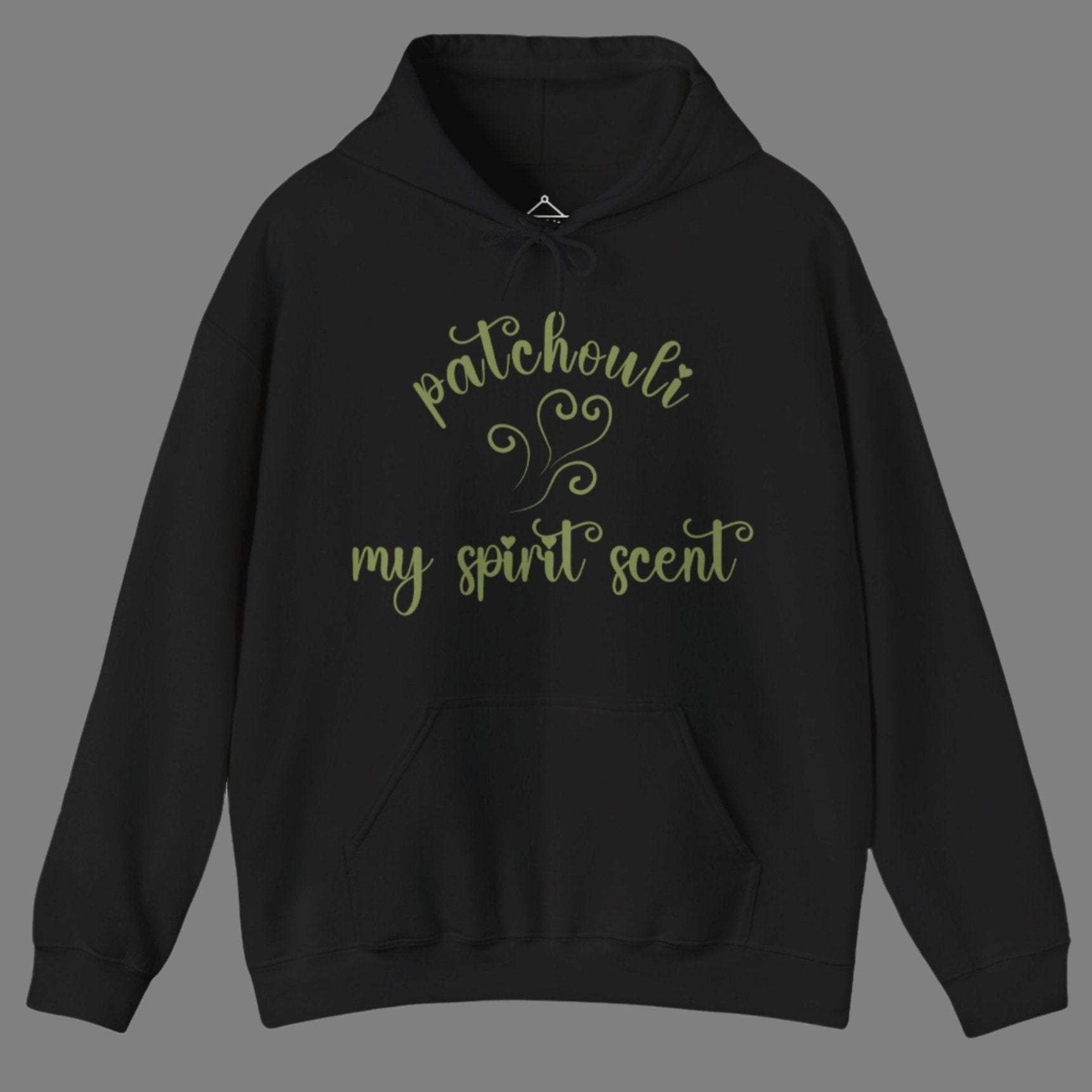 The My Spirit Scent is Patchouli hoodie in black featuring script font and an aroma script heart in a mossy green hue