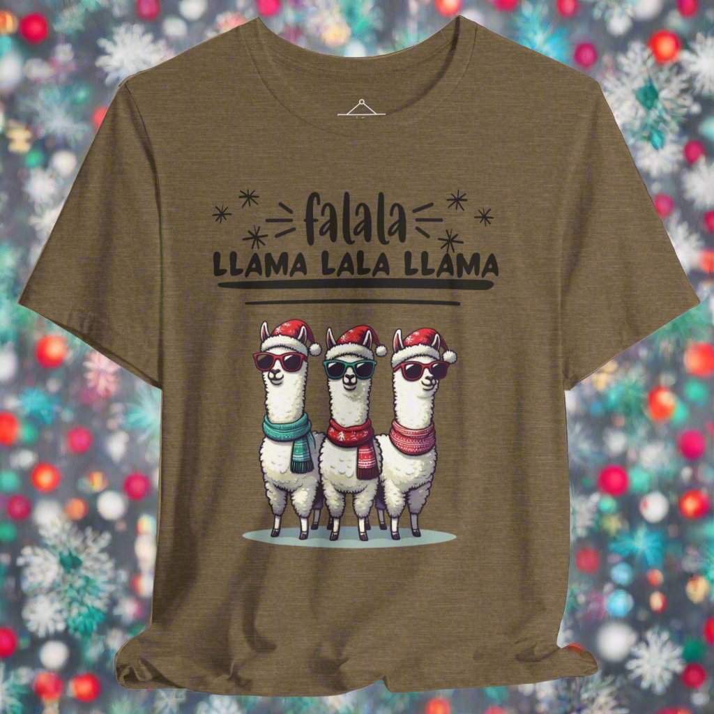 the falala llama christmas sweatshirt in heather olive featuring three llamas wearing scarfs, sunglasses, and winter hats