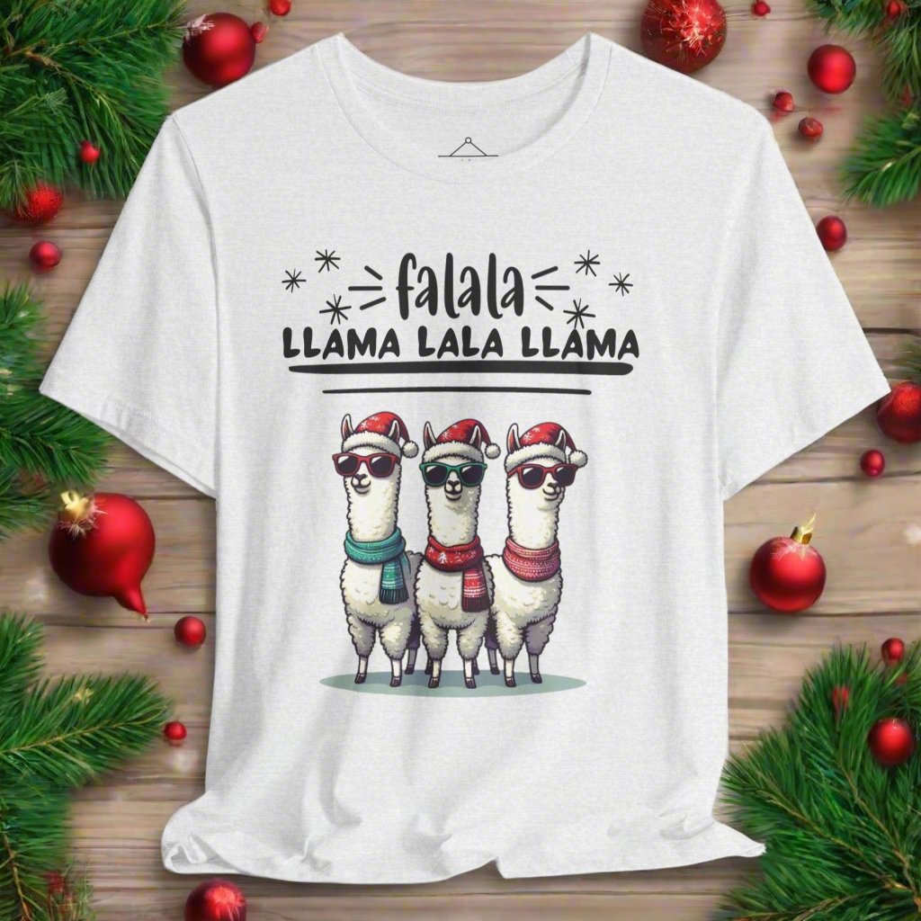 the falala llama christmas sweatshirt in ash featuring three llamas wearing scarfs, sunglasses, and winter hats