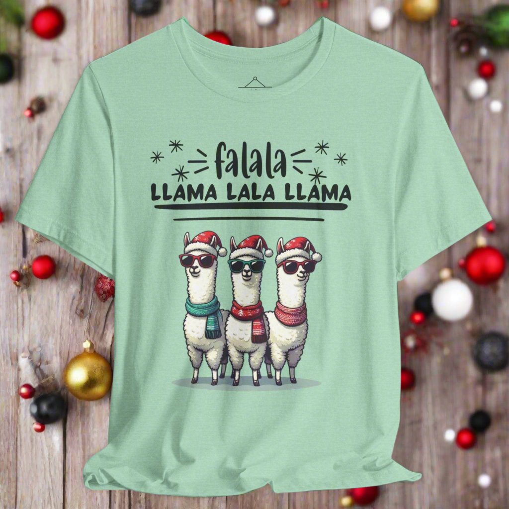 the falala llama christmas sweatshirt in heather mint featuring three llamas wearing scarfs, sunglasses, and winter hats