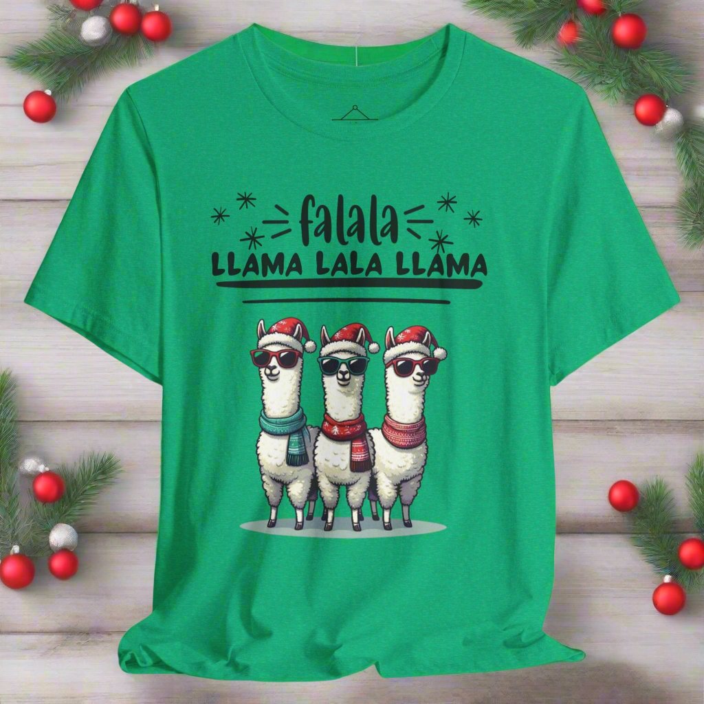 the falala llama christmas sweatshirt in heather kelly featuring three llamas wearing scarfs, sunglasses, and winter hats