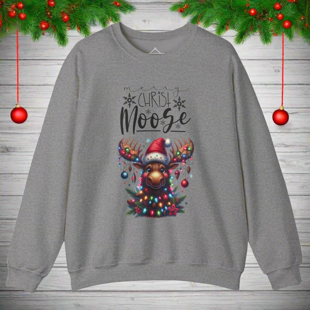 Merry Christ-Moose Christmas Sweatshirt in graphite heather featuring a moose decorated with christmas ornaments and lights 