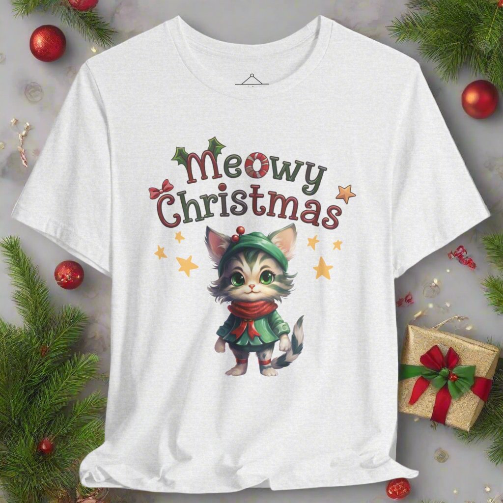 Meowy Christmas t-shirt in ash featuring a cute cat wearing a green dress, red scarf and green hat