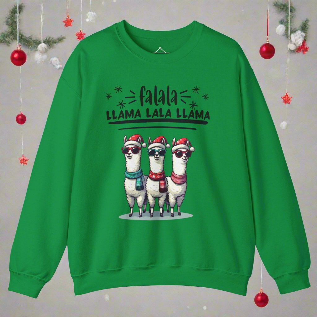 the Falala Llama Christmas Sweatshirt in irish green featuring three llamas with scarfs, sunglasses, and winter hats