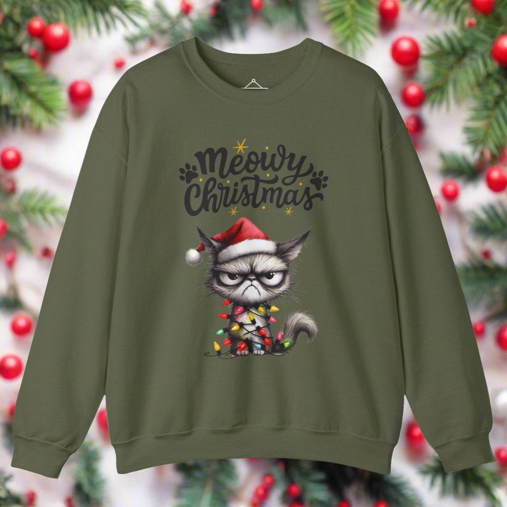 Grumpy Meowy Christmas Sweatshirt in military green with the words Meowy Christmas and a grumpy cat with a red hat and wrapped up in lights