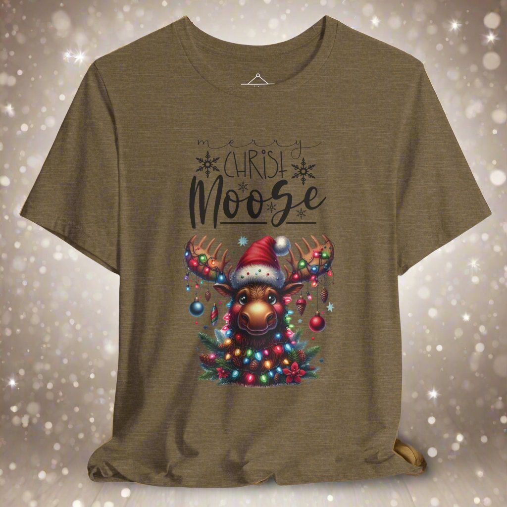 The Merry Christ-Moose Tshirt in heather olive featuring a moose decorated with ornaments and lights