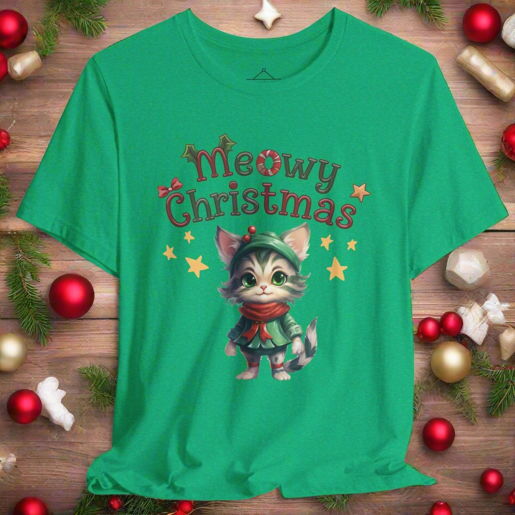 Meowy Christmas t-shirt in heather kelly featuring a cute cat wearing a green dress, red scarf and green hat