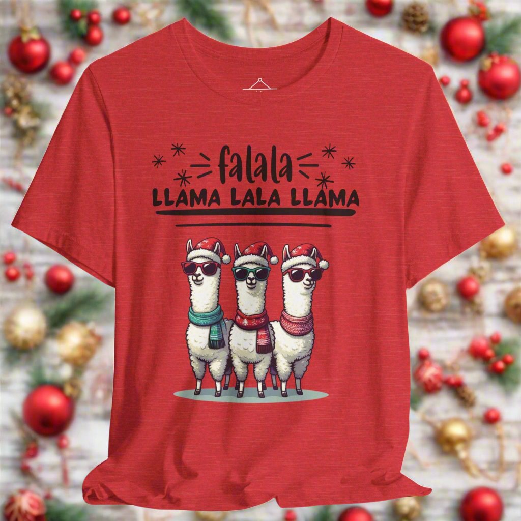 the falala llama christmas sweatshirt in heather red featuring three llamas wearing scarfs, sunglasses, and winter hats